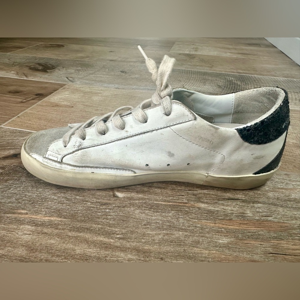 Golden Goose White Leather Sneaker with Pink Glitter Star and Black Heel - Picture 5 of 9